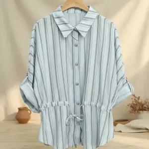 [옷자락]여성 린넨 스트라이프 허리끈 루즈 셔츠