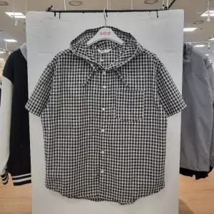 HC22 유니 5부 루즈핏 체크 후드 셔츠 남여공용 여름용 블랙 루즈핏 체크 5부