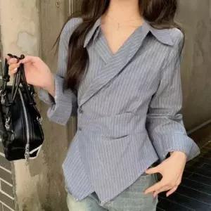 [의류] 허리라인 포인트 랩스타일 스트라이프 셔츠 블라우스