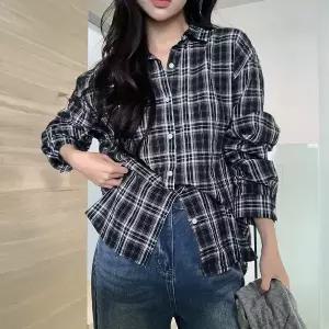 핫핑 [만능코디/체형커버] 루미노 루즈핏 코튼 체크 긴팔셔츠