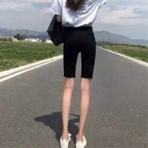 여성용 하이웨스트 블랙 스판 5부 스키니 팬츠 (39184792)