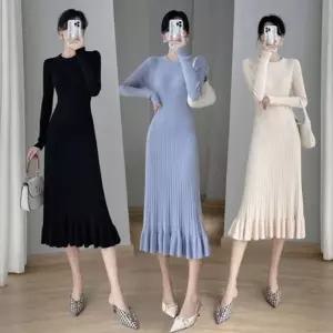 [다잇템] 여자 롱슬리브 골지 후레아 슬림핏 롱 스웨터 U넥 원피스