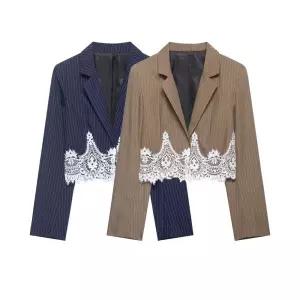 스트라이프 레이스 크롭 자켓 여성 세미 정장 오피스룩 룩 하객룩