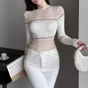 [신세계라이브쇼핑][옷자락] 여자 데이트룩 데일리 시스루 스트라이프 슬림 니트