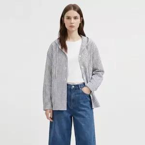 여성 루즈핏 캐주얼 체크 후드 긴팔 언발 셔츠 NARU-WSH-21143-네이비