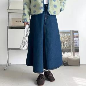 [신상오픈런]여자 언발 앞트임 A라인 포켓 청치마 뒷밴딩 롱스커트 (42355632)