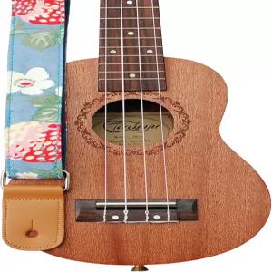 MUSIC FIRST 오리지널 디자인 스트로베리 플라워스 빈티지 스타일의 부드러운 캔버스와 천연 가죽 우쿨렐레