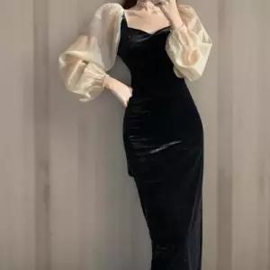 [신상오픈런]여성 퍼프소매 슬림 롱 원피스 벨벳 쉬폰 레이어드 (41992471)