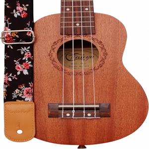 MUSIC FIRST 오리지널 디자인 로사 멀티플로라 인 블랙 소프트 머슬린과 천연 가죽 우쿨렐레 스트랩 어깨