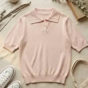 여성 여름 비스코스 반소매 카라 니트 탑