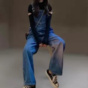 [신상오픈런]여성 오버롤 데님 멜빵 와이드 팬츠 어깨끈 키치 스타일 (42009537)