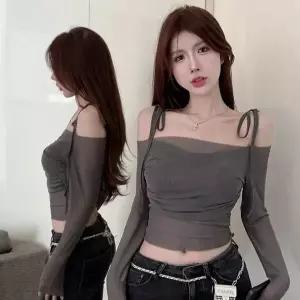 딥숄볼륨티 오프숄더 리본 여름 셔링 긴팔 크롭 무지 니트 티숙