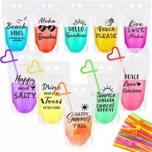 청구 30 성인 비치 반투명 파티 음료 가방을 위한 빨대가 달린 여름 파우치 스탠드업 주스 파티용 지퍼