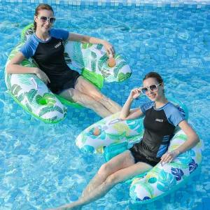 2팩 인플레이터블 풀 플로트 의자 플로팅 라운지 컵 홀더 및 손잡이 물 수영장 리버 비치 파티용 레이크