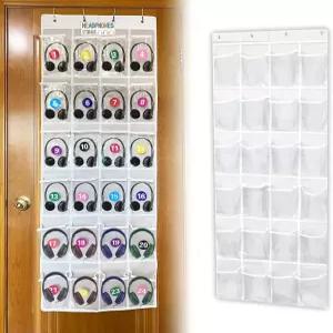 문 위의 파초홀라 헤드폰 보관 교실 학교 포켓 차트 휴대폰 계산기용 후크 4개가 달린 24개의 PVC 투명