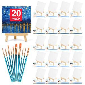 20팩 14.9CM(5.9인치) 캔버스 보드, 드로잉용 아트 트레이 세트가 캔버스, 파티용 미니 있는 브러시 키트 5개, 페인팅 이젤 10개 성인 및 페인트