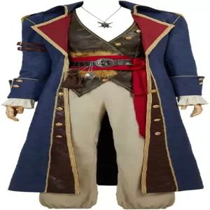 미코스튬 남성 해적 선장 의상 디럭스 코스프레 엠보싱 스웨이드 수트 코트 조끼와 헤드스카프 벨트 할로윈