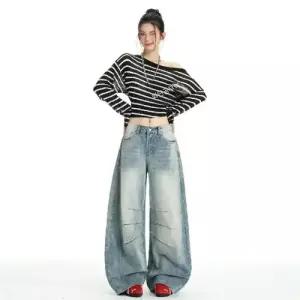 바지 여성용 빈티지 완성 커브 치귤 청바지 슬리퍼 배기핏 워싱 와이드 슬림핏 슬라브 스타일 스포M1