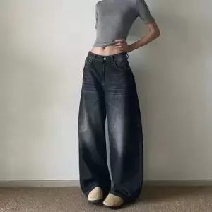 회색 여성용 슬림핏 와이드 트렌드 커프스 완성 번개무늬 치귤 청바지 다크 배기핏 워싱 스타일 스포M1