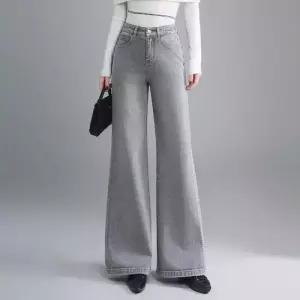 그레이 봄 여성 스모크 통바지 스타일 하이웨스트 배기핏 완성 배기통 청바지 스포M1