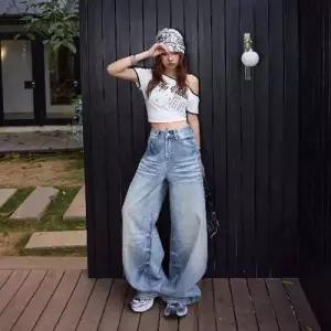 여자 팬츠 슬리퍼 트렌디 워싱 슬림핏 청바지 와이드 오렌지 스타일 완성 배기핏 수염 고양이 스포M1