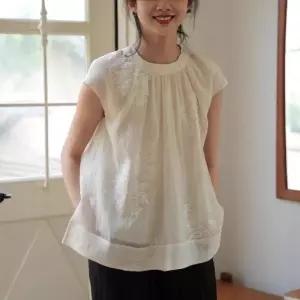 여자 자수 슬림핏 나시 단아한 톱 쿨링 라운드넥 블라우스 셔츠 민소매 SPO마켓1