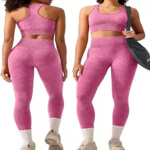 올치 여성 운동 세트 2피스 - 애시드 워시 심리스 요가 의상 하이 웨이스트 레깅스 패딩 레이서백 스포츠