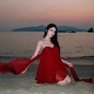 세군다 여성용 치마 원피스 빨강 시폰 쉬폰 탑 바캉스 DOS1