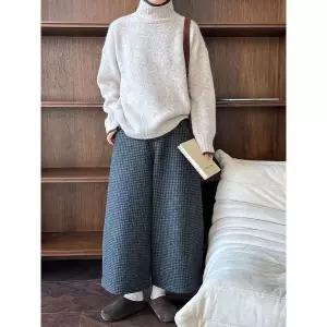팬츠 모직 울 빈티지 여성용 체크 루시 정장 트렌디 아이템 와이드 도톰 80% 8부 9부 HT4