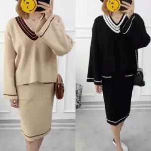 여성 데일리 패션 브이넥 원피스 스커트 니트세트 (8150969A)