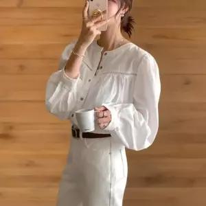 [신상오픈런]여성 무지 펀칭 노카라 긴팔 셔츠 블라우스 (40953104)