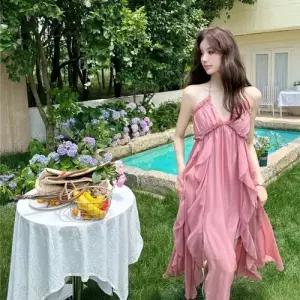 스파이더맨 스커트 분홍 롱 바캉스 홀터넥 로프 프릴 여성원피스 프렌치 포토 바닷가 OPH1