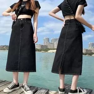 허리조절 뒷트임 A라인 블랙 데님 롱 긴 청치마_19956695_667501