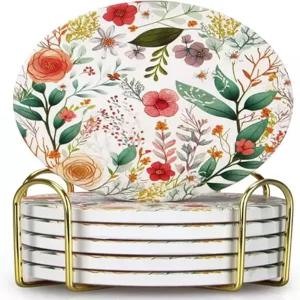 귀여운 꽃 음료 컵받침 6팩 홀더가 있는 재미있는 세라믹 흡수 6개 세트 장식 커피 테이블 선물 독특한