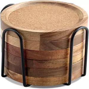 홀더가 있는 음료 흡수용 WLWWFT 컵받침 커피 테이블용 아카시아 우드 코르크 농가 책상용 대형 6개 세트