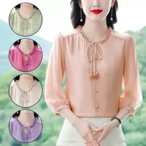 루타꽁몰 여자 실크 가을 슬림핏 예쁜 소매 셔츠 상의 블라우스 루즈핏롱 7부 HO3