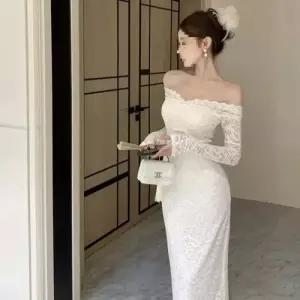 엘럽 여성용 원피스 치마 레이스 초가을 일자 어깨넥 긴팔 트임 원템3