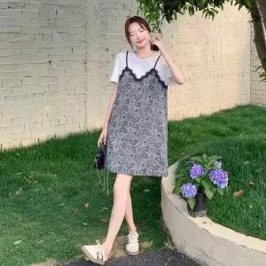 엘럽 원피스 여성 빈티지 페이크 투피스 레이스 프린트 나시 티 원템1