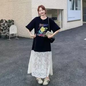 엘럽 원피스 여자 캐주얼 투피스 레터링 자수 슬림핏 롱스커트 티셔츠 레이스 원템1