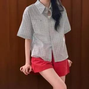 [신상오픈런]여성 체크 패턴 언발란스 힙커버 루즈핏 반팔 셔츠 (38284368)