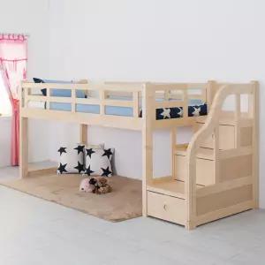 (이월등급) 에보니아 미키 키낮이 벙커 침대 프레임 싱글 계단형 / 낮은 원목 벙커