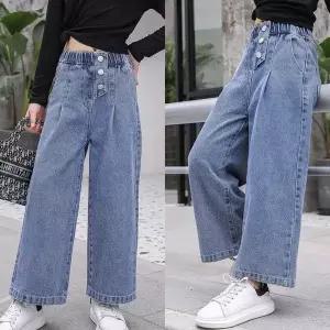 [삐삐네옷가게]여아 초등학생 쓰리버튼 밴딩 봄가을 와이드 청바지 데님 단품