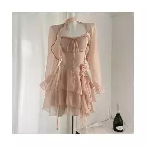 9766(S~L 4종세트가격) 코사지 언발프릴 스퀘어 슬림핏 원피스+가디건+허리띠+코사지 언발 프릴원피스