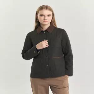 헤지스 여성 24FW [클리어런스][퀼팅] 다크카키 체크 안감 코듀로이 배색 숏 퀼팅 점퍼 HSJU4DC91K3