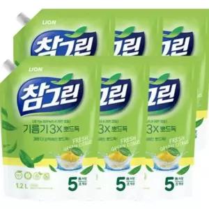 참그린 주방세제 레몬 녹차 기름기 뽀드득 1.2L 리필x6개