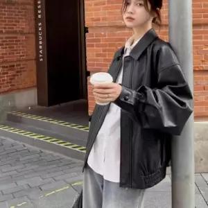 ONM 여성 오버핏 가죽 라이더 자켓 가죽자켓 블루종