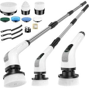 전동 스핀 스크러버, 대형 배터리 및 롱 런타임 파워 클리너, 교체 가능한 브러시 헤드 7개, IPX7 방수 조절 익스텐션 핸들, 욕실, 샤워, 타일, 바닥용 2단 속도