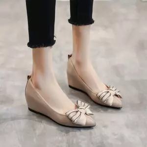 PGPXN021 여성 봄가을 소굽 키높이6.0cm 펌프스 리본 가죽 웨지힐 구두