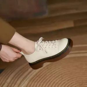 NJXNXK024 여성 슈즈 봄가을 화이트 통굽 가죽 빈티지 옥스포드화