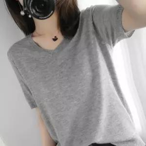 JFJDZZSN034 봄가을 여성 빅사이즈 오버핏 캐주얼 브이넥 반팔 니트 티 상의